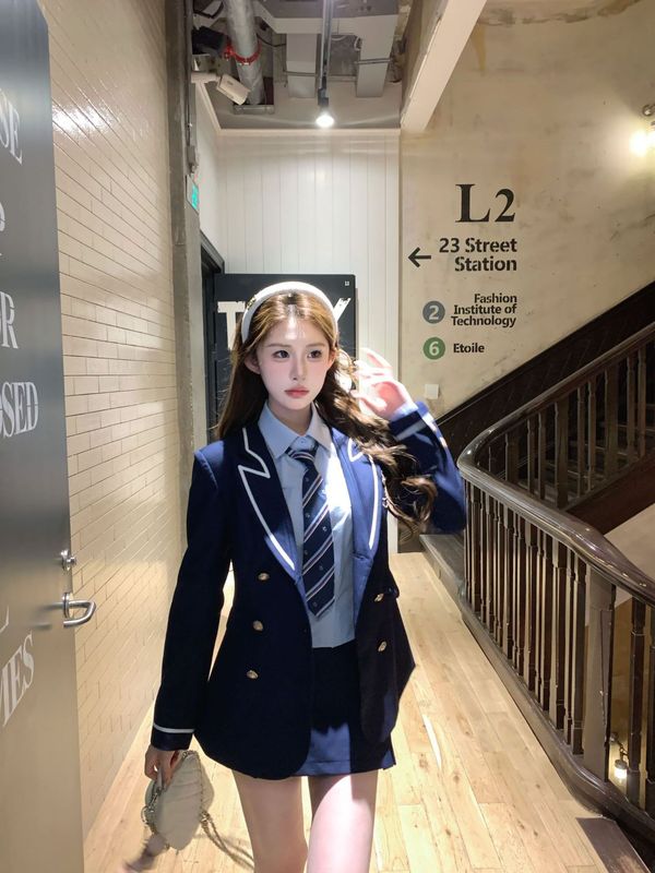 【清潭国高】学院修身显瘦西装外套秋季百搭半裙套装|undefined