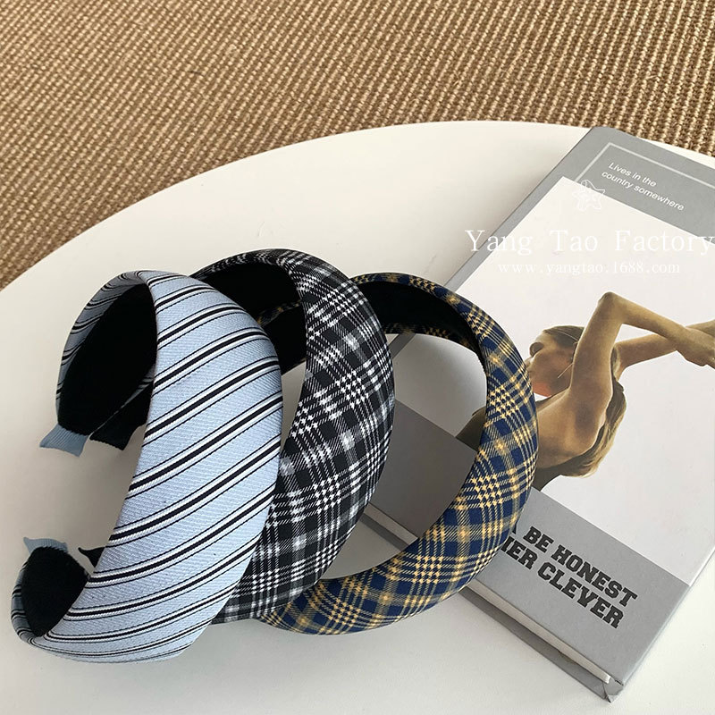 Diadema de tela a cuadros azul coreana, mujer fresca y versátil, diadema superior de cráneo alto blanco, horquilla de presión de temperamento fuera