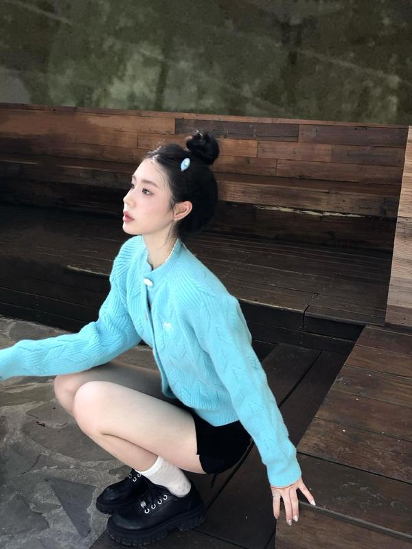 miu系温柔蝴蝶结针织开衫女韩版简约百搭圆领毛衣外套软糯针织衫|undefined