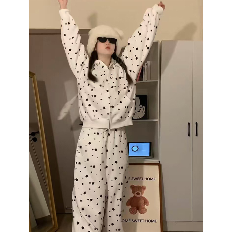 韩系设计感连帽卫衣女2025春秋慵懒风休闲外套阔腿裤可外出两件套|undefined