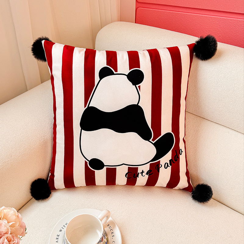 Almohada con estampado de panda de tira vertical, funda de almohada, sofá de sala de estar, almohada de cintura abstracta con estampado de cabecera, bola de pelo