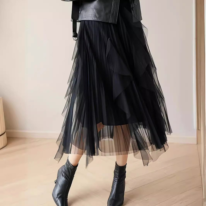 Cross-Border Exclusive Supply of Ruffled, Gentle Style Mesh Skirt S-5Xl Multi-Size Midi Skirt for Women, Large Flared Pleated Skirt