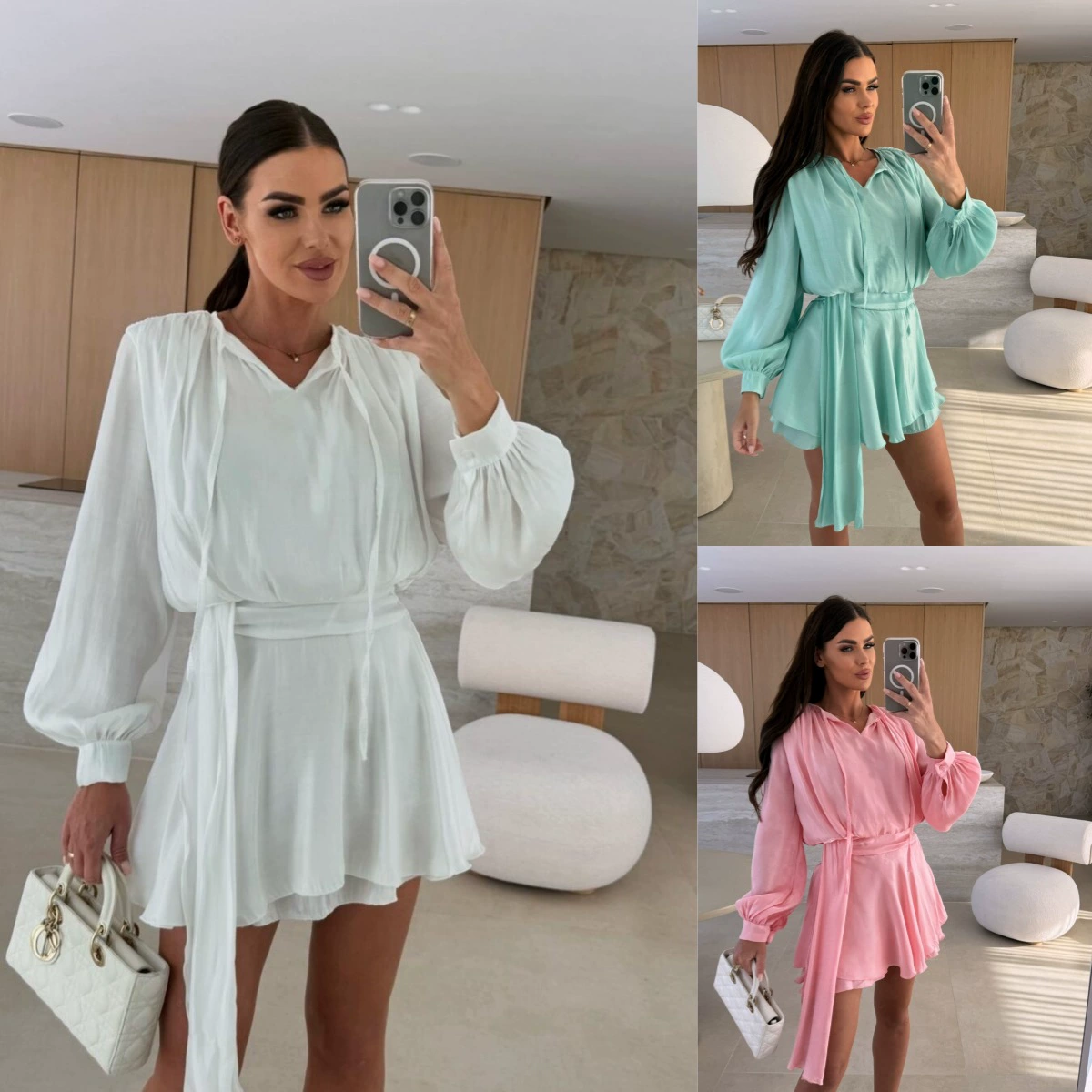 2025 Amazon AliExpress Европейский и американский трансграничный популярный стиль осеннего однотонного повседневного платья с длинными рукавами и v-образным вырезом на шнуровке для женщин