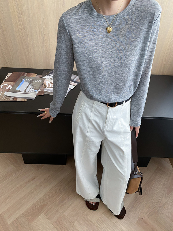 司南 淡人舒适感 简约纯色百搭圆领休闲宽松显瘦长袖T恤 SN8113|undefined