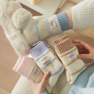 Huge Thick Cashmere Socks Autumn and Winter Thickened Warm Sleep Socks Cloth Label Wave Dot Striped Middle Tube Piled Socks Moon Socks