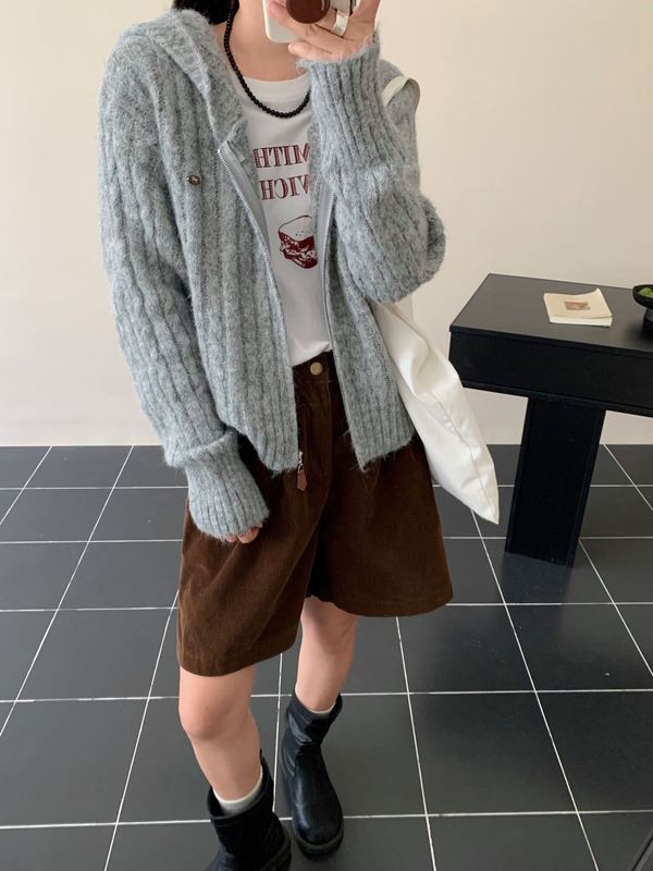韩系穿搭连帽灰色针织开衫女慵懒高级感春秋宽松显瘦毛衣外套上衣|undefined