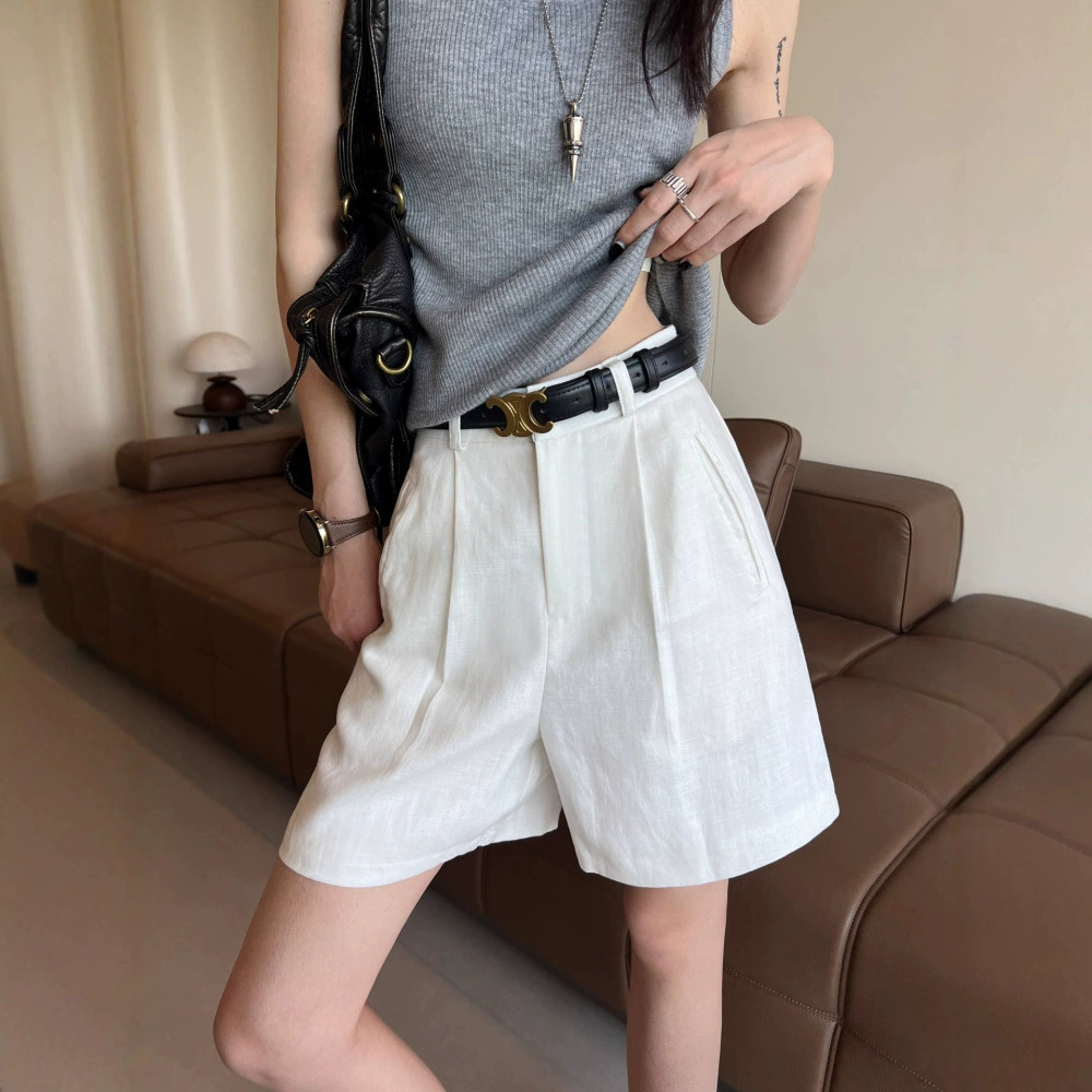 Летние новые стильные миниатюрные свободные белые льняные шорты с высокой талией для женщин, повседневные льняные шорты трапециевидной формы из тенселя, широкие шорты до колена