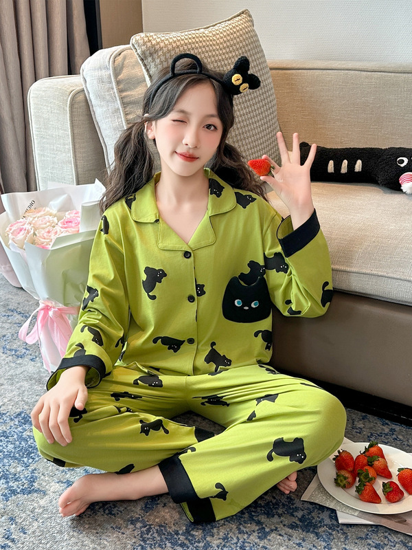 2025秋季新款女童纯棉家居服卡通猫咪印花儿童长袖睡衣套装可外穿|undefined