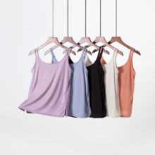 双肩吊带睡衣女醋酸丝柔绵椰油美肤带胸垫背心家居服套装可外穿