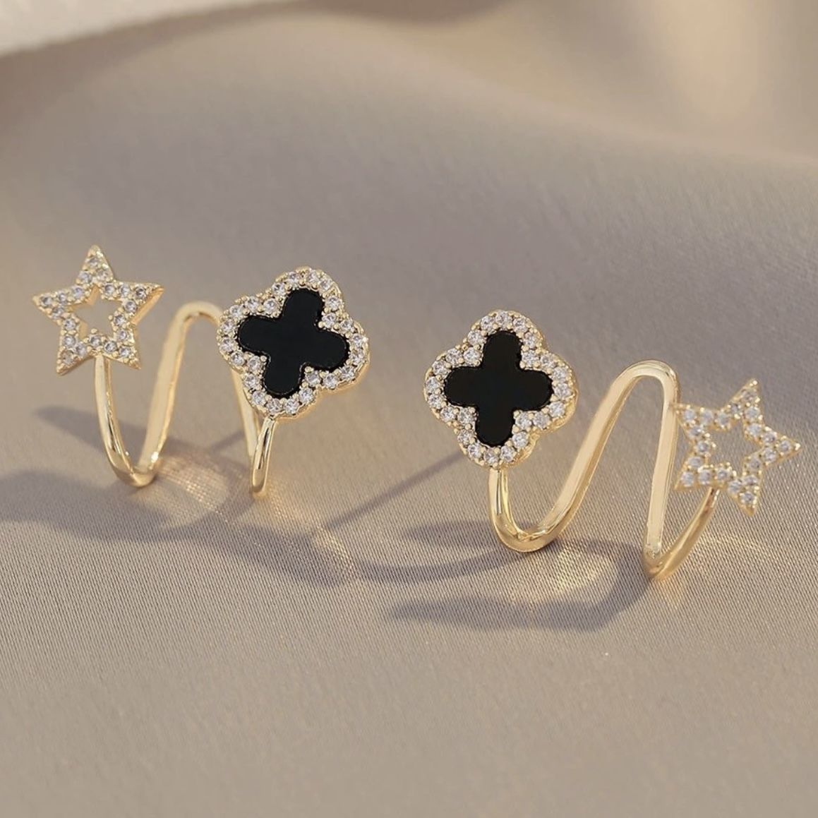 韩国新款四叶花耳钉法式气质设计感轻奢镶钻星星耳饰