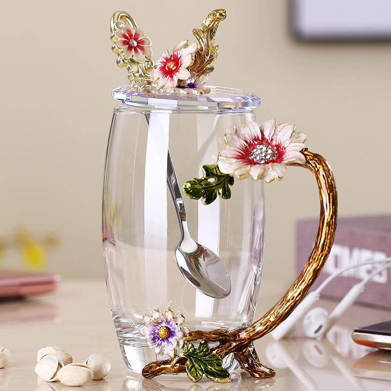 París marzo esmalte taza de agua de cristal resistente a altas temperaturas taza de té de flores para regalar a la novia maestros regalo de té