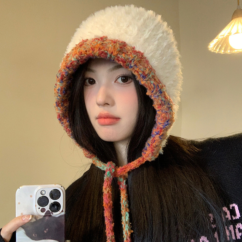 毛绒针织帽子女秋冬手工大头围包包帽加厚保暖毛茸茸显脸小护耳帽|undefined
