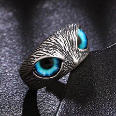 Cross-border retro devil's eye owl ring for men and women sapphire hip-hop distressed finger ring single size index finger