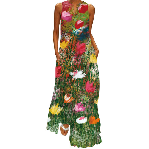 2024 summer independent station new European and American retro printed long skirt V-neck multi-color long sexy sleeveless dress