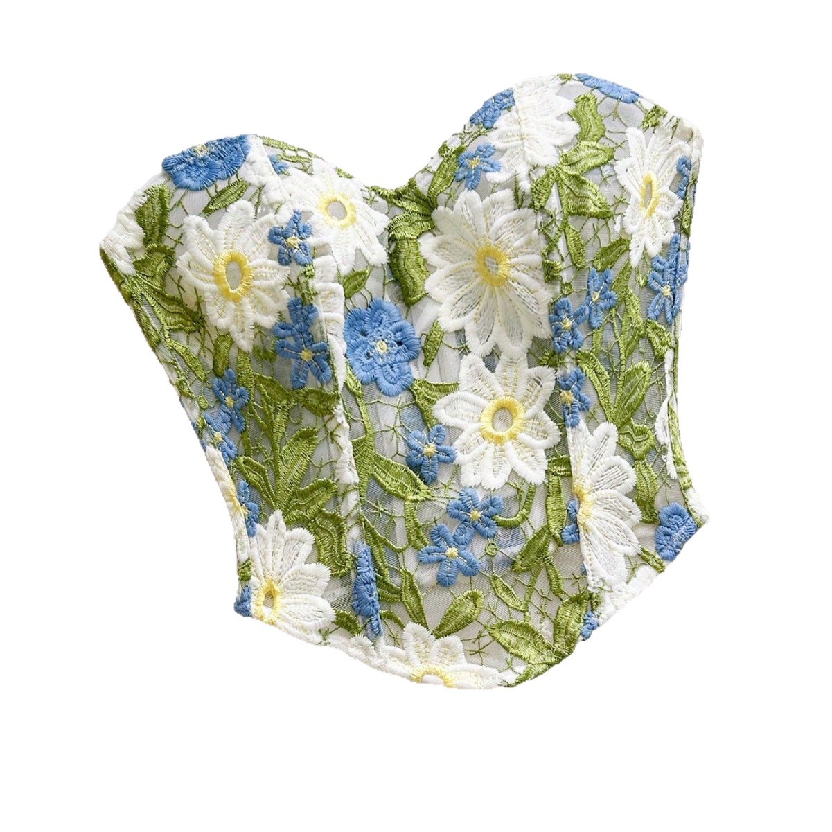1 blusa de corsé en forma de corazón bordada con malla de malla de mujer y flores con hueso de pescado atado en la parte trasera image 5