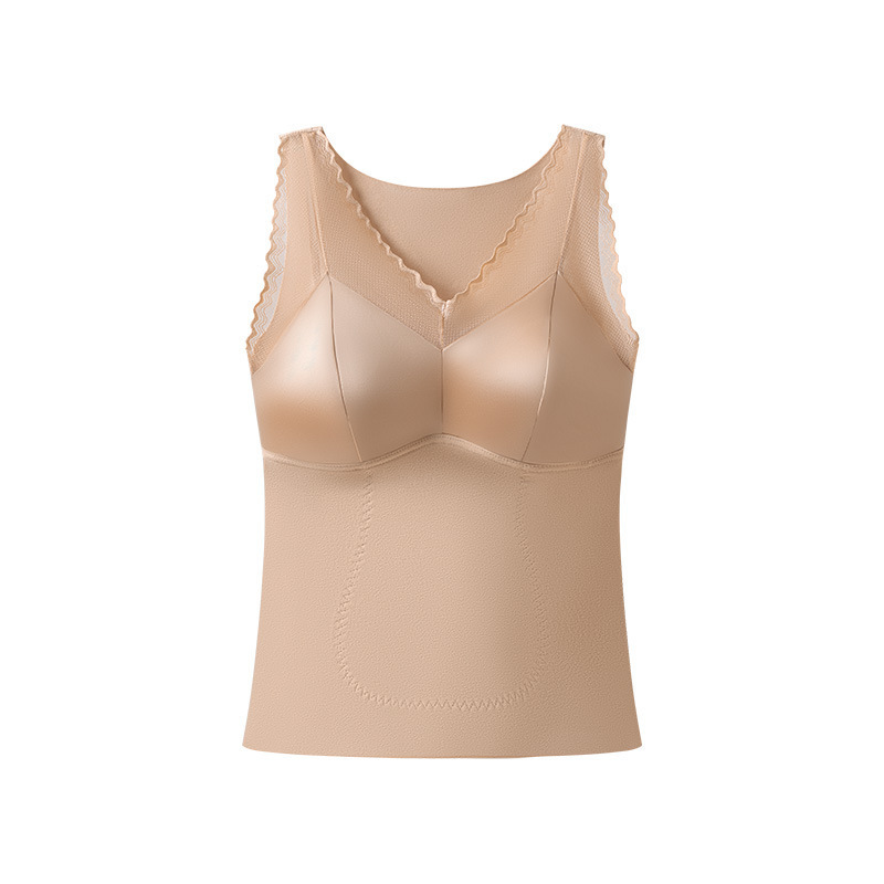 Otoño y invierno satén seda parche chaleco caliente de cuello en V para mujeres con cojín de pecho en una camiseta de estómago cerrada camiseta superior