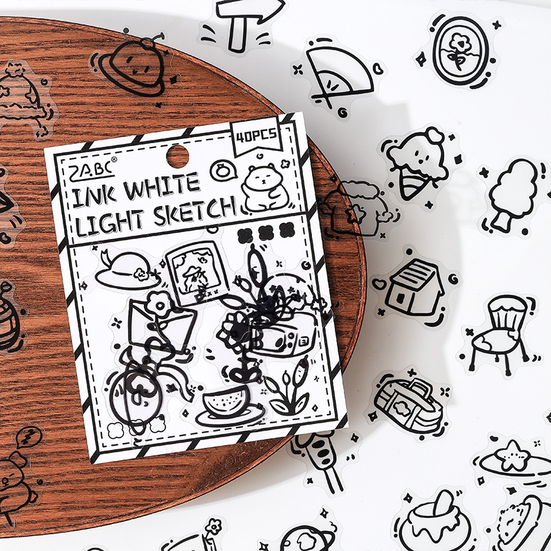 Paquete de pegatinas de pet transparente impermeable de pintura simple en blanco y negro, pegatinas de diario de cuentas de bricolaje, elementos en blanco y negro, papel de vida de dibujos animados