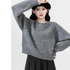 短款灰色毛衣女秋冬2025新款慵懒风加厚圆领内搭针织衫小个子上衣