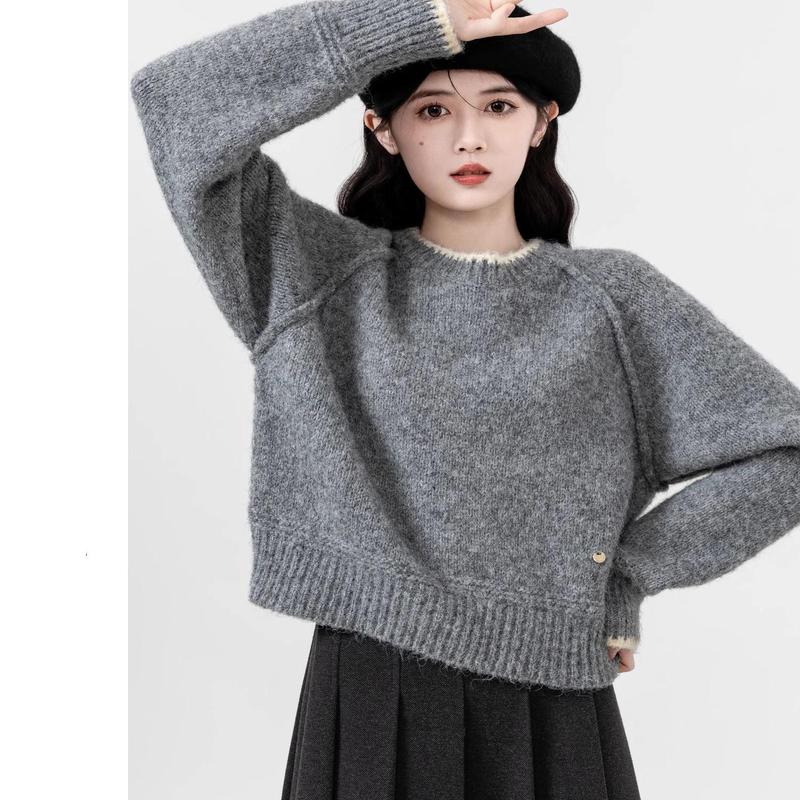 短款灰色毛衣女秋冬2025新款慵懒风加厚圆领内搭针织衫小个子上衣|undefined