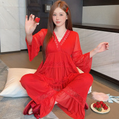 凌蕾春秋新款纯色蕾丝花边甜美宽松公主风网纱睡衣套装家居服