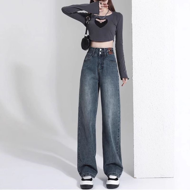 复古阔腿牛仔裤女2025新款春秋小个子窄版显瘦遮肉大码直筒拖地裤|undefined
