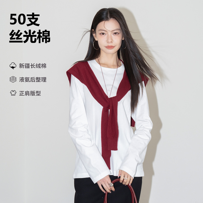 50 Count Mercerized Cotton White Long-Sleeved T-Shirt for Women High Quality 100 Cotton Pure Color Bottoming Shirt Versatile Round Neck Inner Top