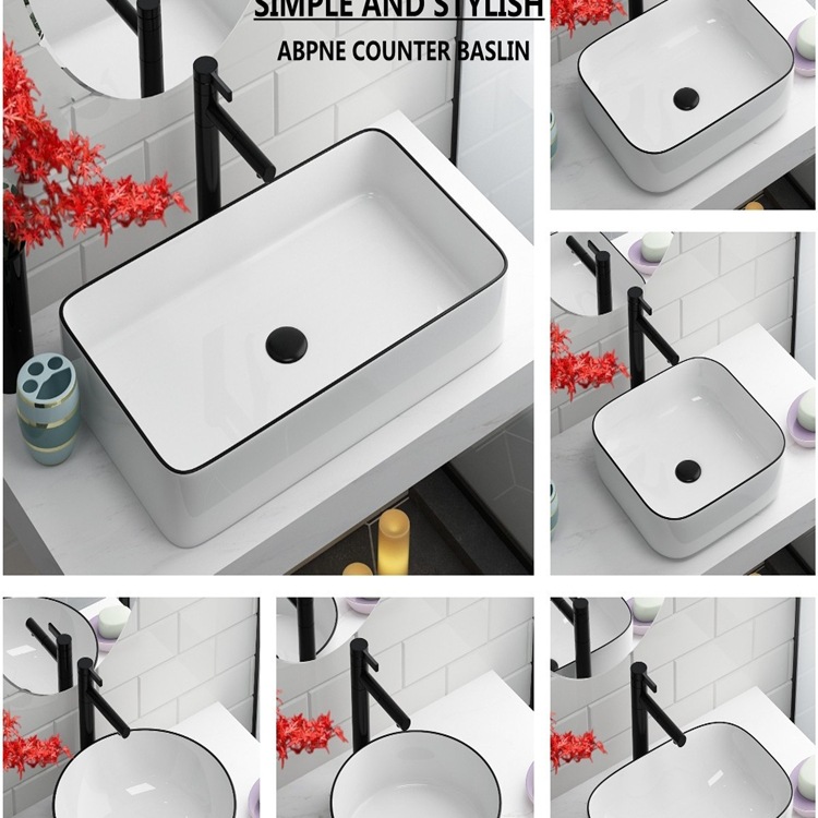 Nordic Countertop Basin for Home Bathroom, Artistic Basin for Balcony, Small-Sized Countertop Washbasin, Ceramic Black Edge Single Basin