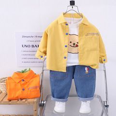 男寶寶秋裝三件套帥氣兒童長袖外套2024新款嬰兒襯衣牛仔褲童套裝