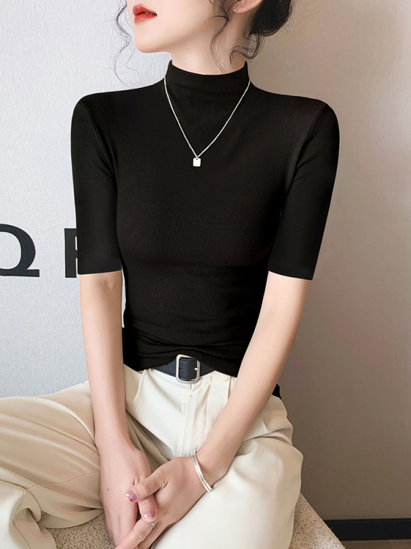 モーダルブラックハーフタートルネック半袖Tシャツ女性用2025春夏アイスシルクミッドカラー半袖ボトムシャツタイトトップ|undefined