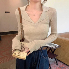 秋天美拉德设计感翻领长袖针织衫女修身显瘦百搭打底衫气质上衣
