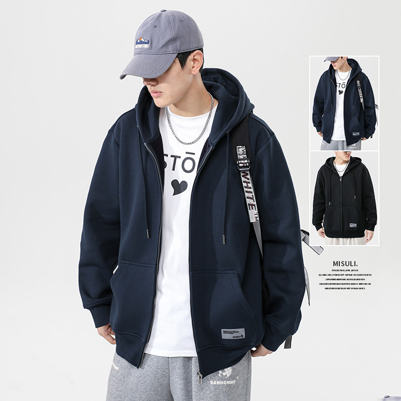 Autumn Hooded Zip-Up Sweatshirt Men's Top Fleece-Lined Thickened Trendy Brand Youth Sports Casual American-Style Jacket