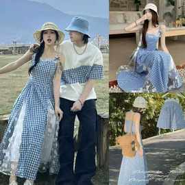 韩版夏季新款亲子装设计感蓝色格子吊带连衣裙女收腰显瘦气质长裙