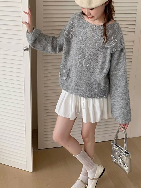 设计感立体蝴蝶套头毛衣女2025秋冬新款温柔气质显瘦百搭针织衫潮|undefined