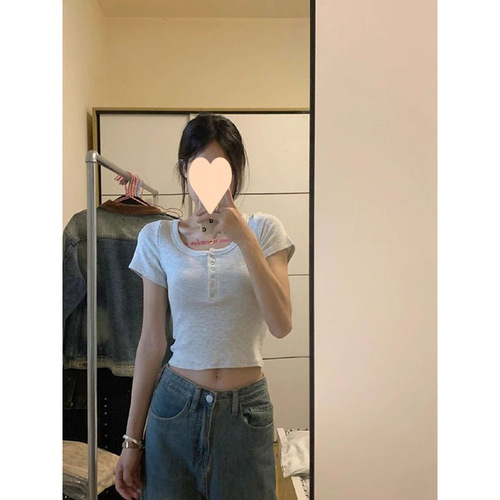 Small Tall Tight Bodysuit with Lock Bone and Shoulder Design, Short Sleeve Women's Summer Button-Up, Revealing Navel Top, Trendy