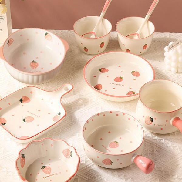 草莓碗碟套装碗盘家用一人食餐具陶瓷饭碗面碗可爱烤盘创意水果碗