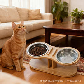 竹制宠物碗架猫咪狗狗水碗架倾斜护颈喂食器家用宠物小型犬食盆架