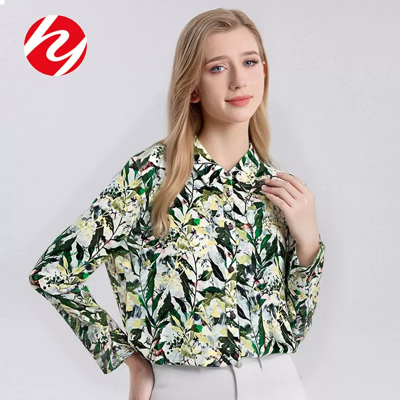华业2025秋冬新款超细澳洲纯羊毛长袖衬衫女翻领印花薄款大码衬衣