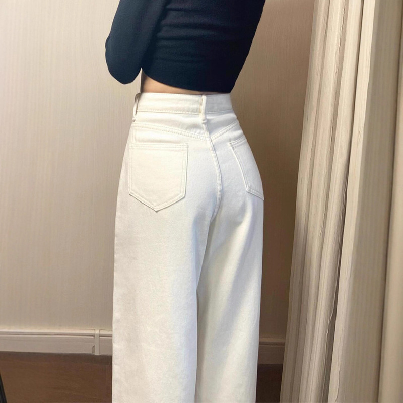 Pear-Shaped Body Shape, Off-White Straight-Leg Jeans for Women, New Spring and Autumn Style, High-Waisted, Loose-Fitting, Slimming, Wide-Leg Long Pants