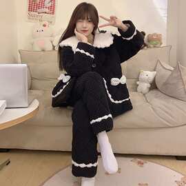 睡衣女秋冬款加厚三层夹棉珊瑚绒冬季长袖套装新款保暖家居服冬天
