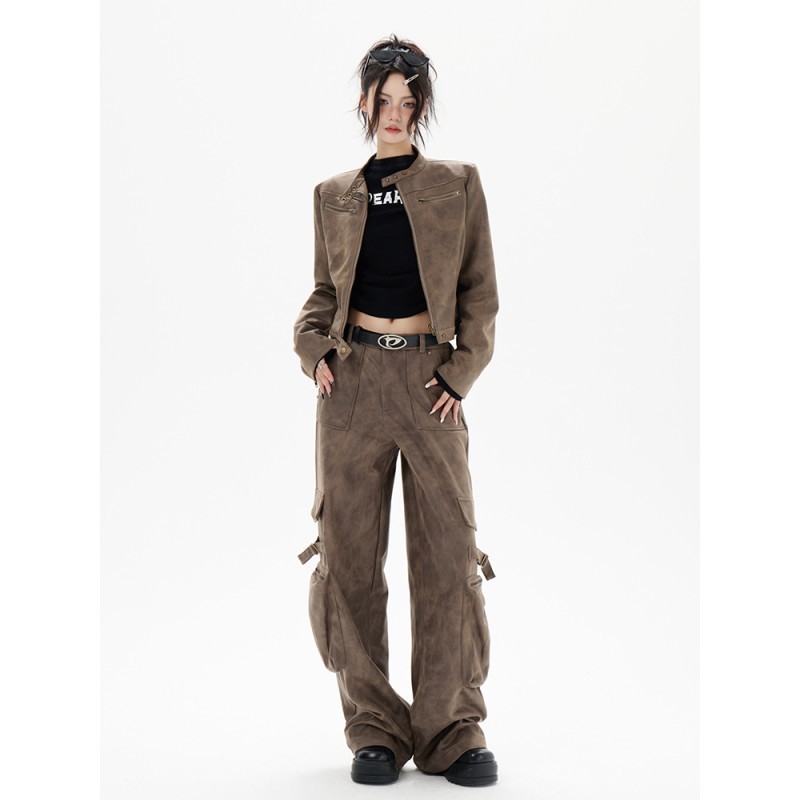 American Retro Biker Short Leather Jacket for Women, Spring and Autumn Fashion, Trendy and Stylish Leather Top