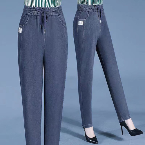 New style ice silk jeans, women's high waist summer, mom's elastic waist and feet pants, middle-aged and old casual silk long pants