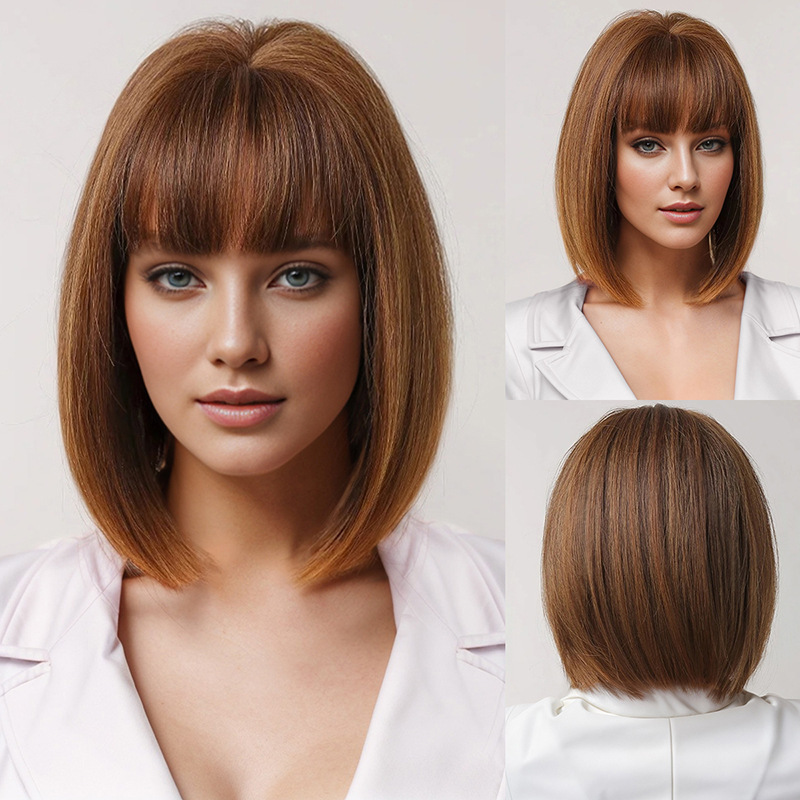 Fábrica directa europea y americana pelucas mujeres negras, cabello corto y recto BOBO fibra química pelucas de cabello completo una pieza de cabello image 8