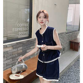 2025夏季新款蕾丝拼接牛仔套装女时尚两件套