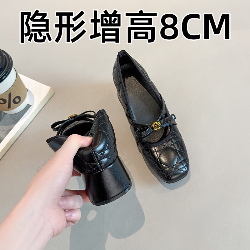 Women's Mary Jane Shoes with 8cm Hidden Heel, French-Style Chunky High Heels, Camellia Flower Bow, Chanel-Inspired Commuter Shallow Pumps