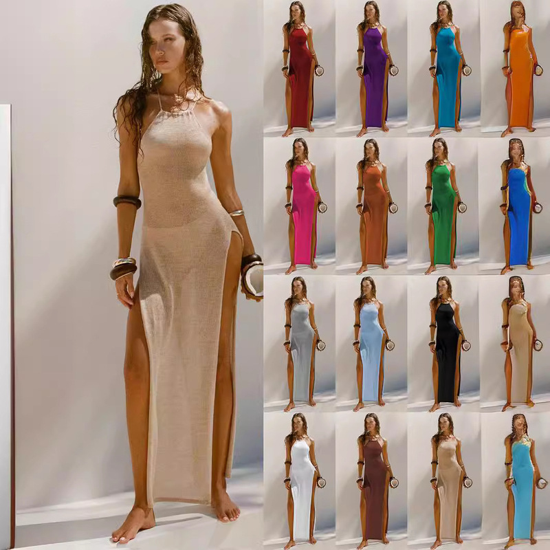 2026 New Cross-Border Hot-Selling Style High-Slit Double-Strap Knit Dress with Beautiful Back Design, Beach Vacation Style 2026 New Cross-Border Hot-Selling Style High-Slit Double-Strap Knit Dress with Beautiful Back Design, Beach Vacation Style