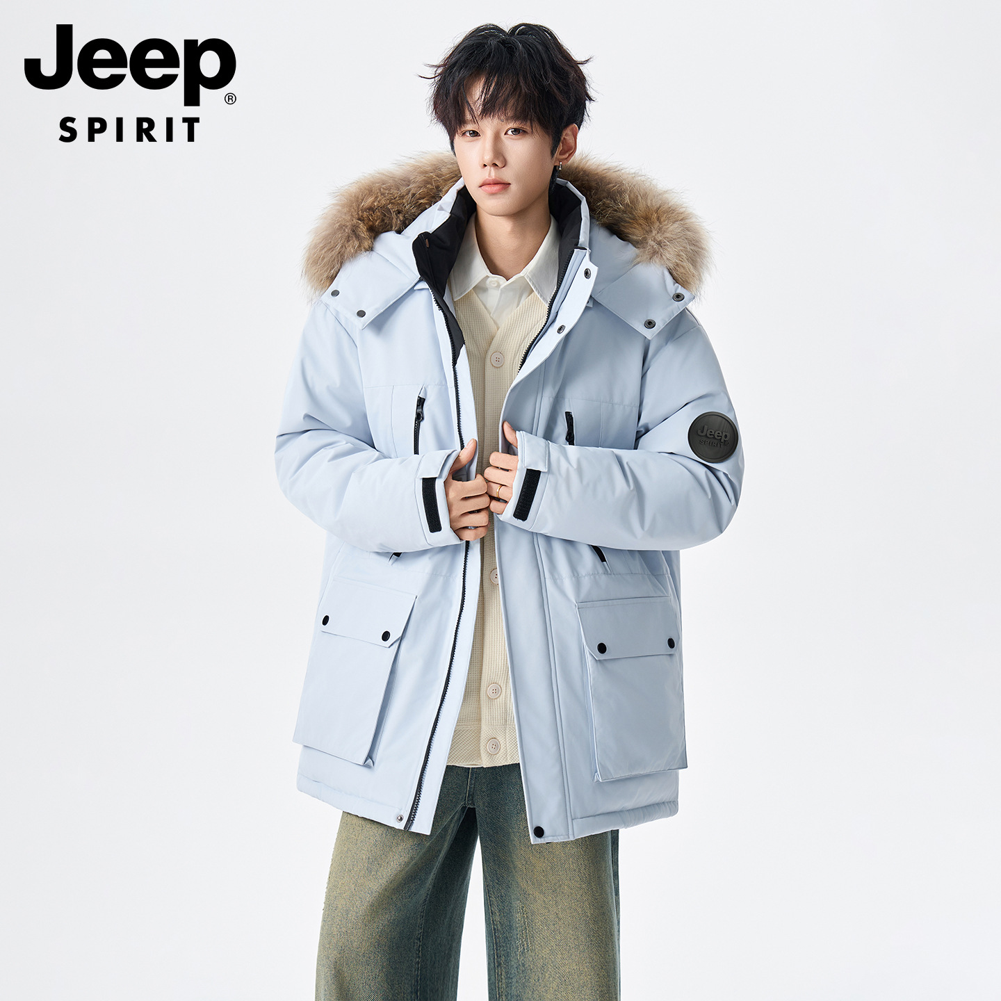New Men's Parka Outdoor down Jacket with Large Fur Collar, Winter Windproof and Warm Thickened Hooded down Jacket