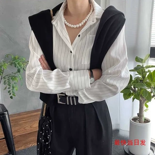 ins 韩版春夏气质PoLo领单排扣条纹衬衫上衣