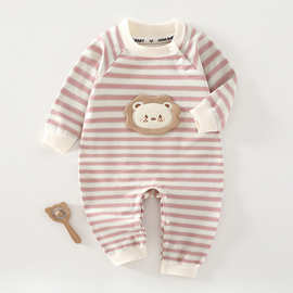 婴儿秋季连体衣条纹新款纯棉宝宝婴幼儿哈衣爬服爬爬服小熊可爱