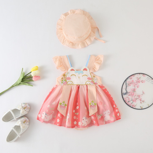 Chinese-style summer children's Hanfu sleeveless baby clothing infant onesie spaghetti straps Tang suit Hairy princess dress