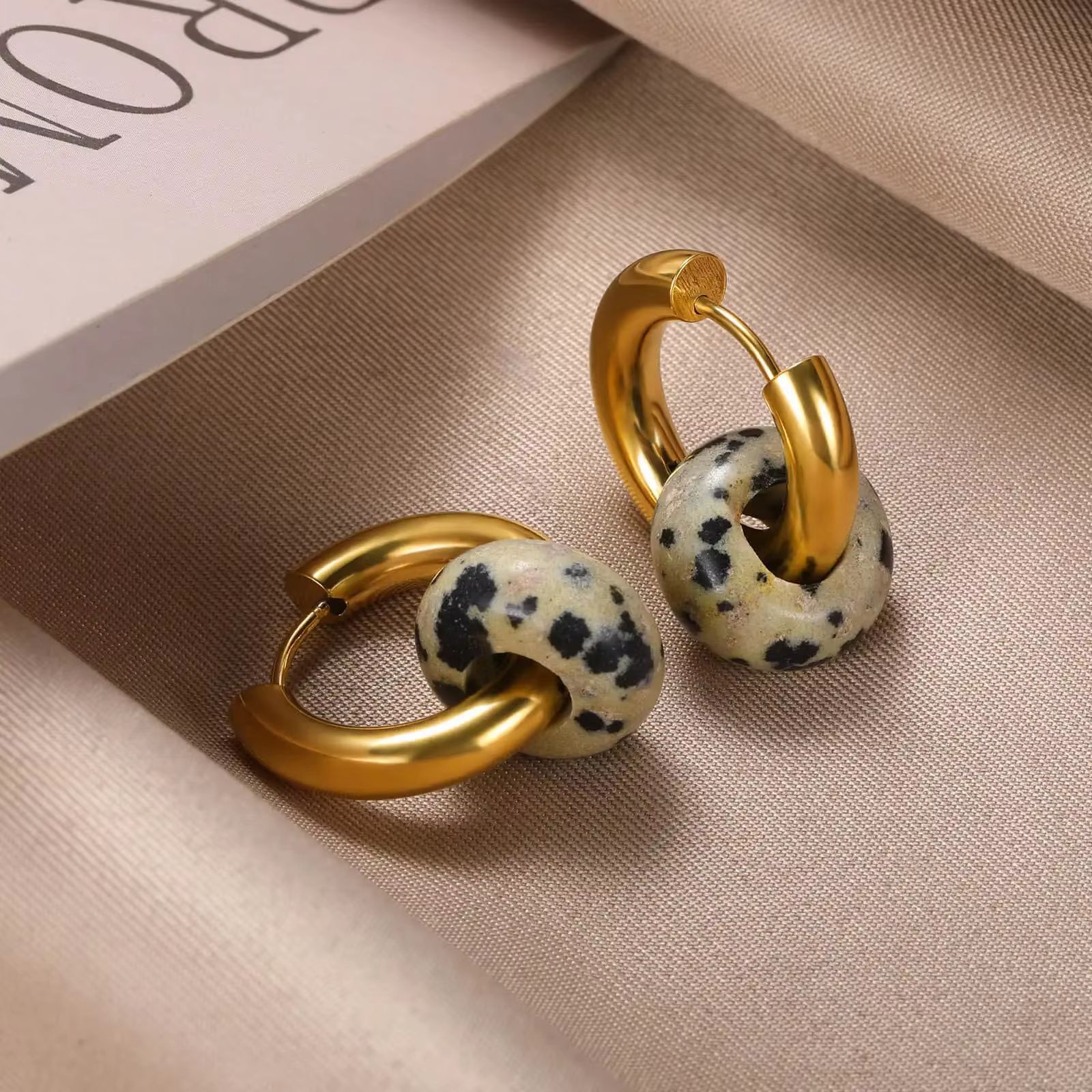 1 Pair Vintage Style Geometric Plating 304 Stainless Steel Natural Stone 18K Gold Plated Earrings display picture 4